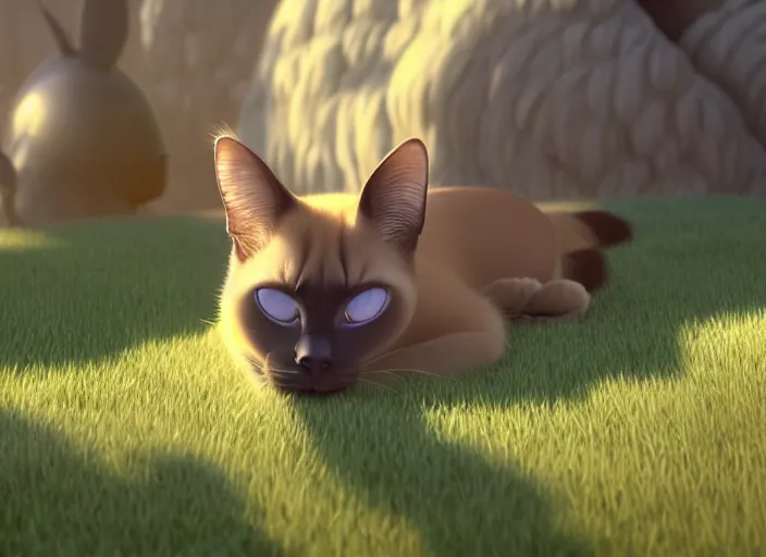 Image similar to a wholesome animation key shot of a siamese cat sleeping, close up, studio ghibli, pixar and disney animation, sharp, rendered in unreal engine 5, clear sky, anime key art by greg rutkowski, bloom, dramatic lighting