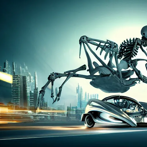 Prompt: skeleton riding a futuristic car in a futuristic city, photorealistic, 4k, high detail