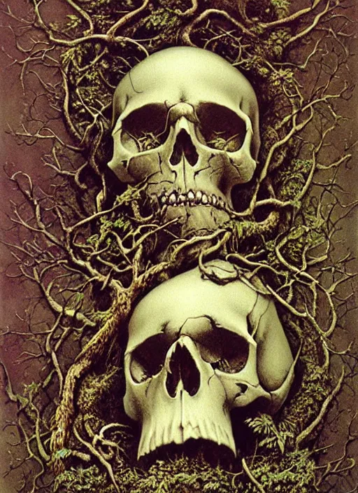 Prompt: skull, ivy, death, steampunk by zdislaw beksinski