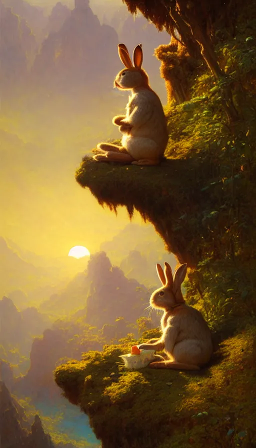 Image similar to rabbit looking off of a cliff, sun setting behind rabbit, lush forest in valley below, painted by tom bagshaw, james gurney, gaston bussiere, craig mullins, j. c. leyendecker 8 k