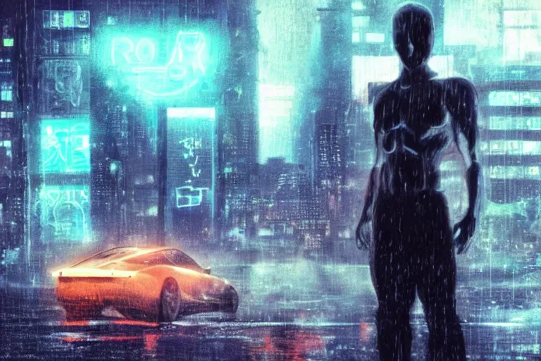 Image similar to roy batty with a bare torso sits in the lotus position with his head bowed in the rain on the roof of a building in the cyberpunk future, around neon signs, a little haze, night, realistic proportions, anime style ghost in armor