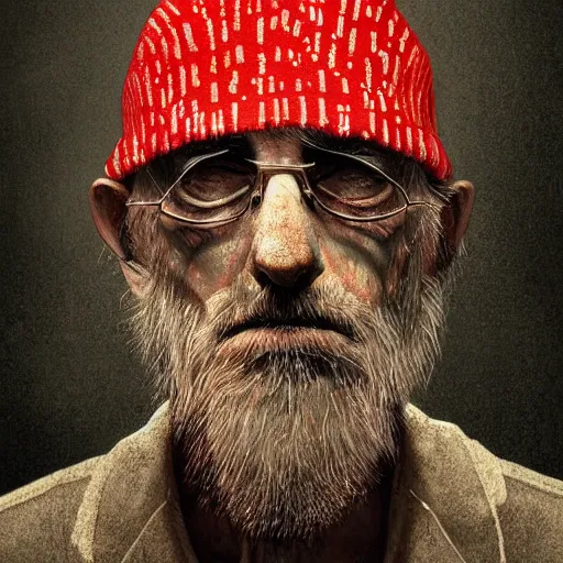 Image similar to grim, hyperrealistic portrait of where's waldo as a tired and grizzled old man on the run, looking for one last big score before he calls it quits. haunting, realistic digital painting with dark, dramatic lighting and severe grittiness.