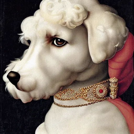 Image similar to portrait of a white poodle as an italian queen, painting by michelangelo