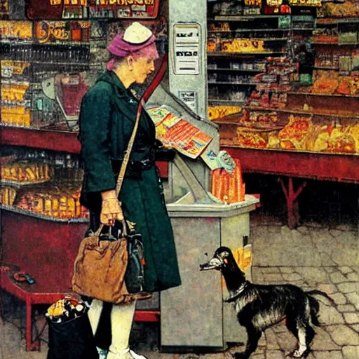 Image similar to A woman using a walkie talkie in the market , art by Norman Rockwell