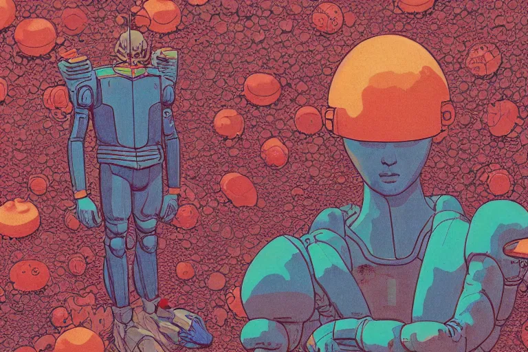 Image similar to risograph grainy drawing vintage sci - fi, satoshi kon color palette, gigantic gundam full - body covered in dead coral reef, 1 9 8 0, kodachrome, natural colors, comicbook spreadsheet, codex seraphinianus painting by moebius and satoshi kon and dirk dzimirsky close - up portrait