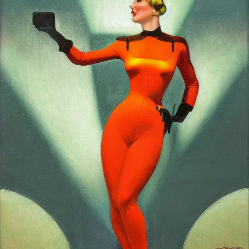 Image similar to retrofuturistic 1 9 3 0 s detailed oil painting of a woman in a window, cyberdeco catsuit, electronic billboards, tech noir, wet reflections, atmospheric, ambient, alexis flower, hopper, mucha, wlop, gil elvgren, grant wood,, livia prima, george tooker, greg rutkowski, whistler, norman rockwell, peter max