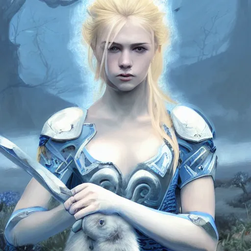 Image similar to young blonde female warrior in heavy blue and white armor, very beautiful and proportional face, surrounded by rabbits and exotic creatures, epic wallpaper, wide shot, high fantasy, flowers and trees, intricate detail, digital painting, artstation, concept art, smooth, sharp focus, illustration, art by monia merlo and wlop and artgerm and craig mullins