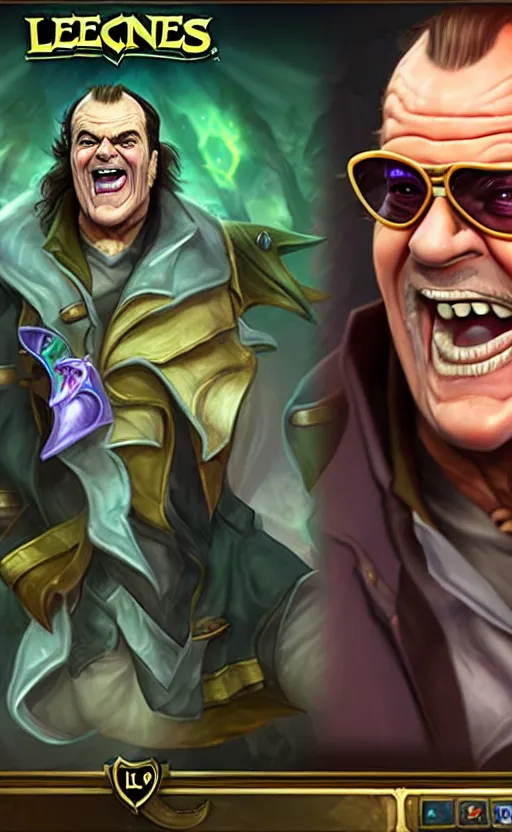 Image similar to Jack Nicholson as a character in the game League of Legends, with a background based on the game League of Legends, detailed face, old 3d graphics