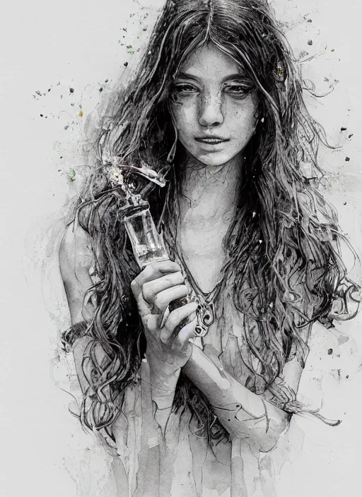 Image similar to portrait, beautiful Stoner hippy girl, sitting down, smoking a magical bong, watercolor, dramatic lighting, cinematic, establishing shot, extremely high detail, foto realistic, cinematic lighting, pen and ink, intricate line drawings, by Yoshitaka Amano, Ruan Jia, Kentaro Miura, Artgerm, post processed, concept art, artstation, matte painting, style by eddie mendoza, raphael lacoste, alex ross