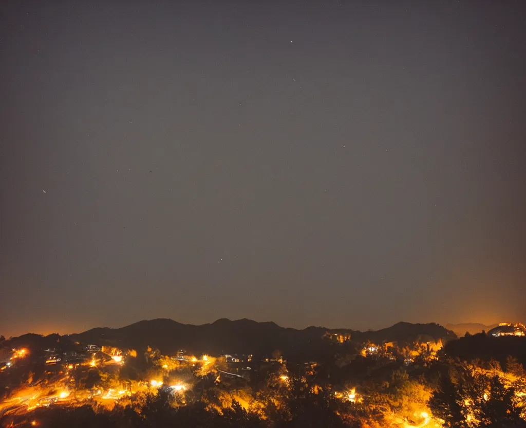 Image similar to 3 5 mm film of explosion in the sky, view from a korean traditional village, camera pans upwards, 4 k, night, fog