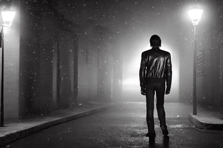 Image similar to blurred movie shot of young man from back pacing lowering head dressed in short leather bomber jacket to empty narrow alley with street lamps in park with pines to the horizon, with hands in pockets, snowfall at night, mullet long haircut, black hairs, cinematic, dramatic, detailed, realistic, movie shot, low greenish lighting