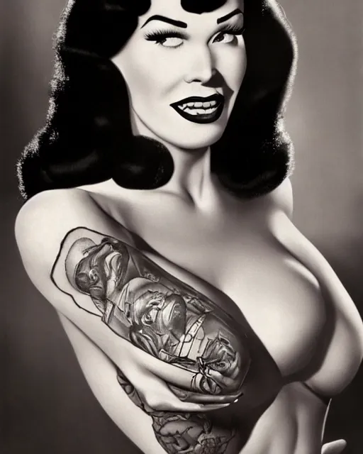 Prompt: 2 8 mm closeup portrait of a beautiful bettie page with long dark wind blown hair and tattoos in a photo studio, rim lighting, glamour pose, hyper realistic, concept art, intricate, hyper detailed, smooth, ambient volumetric lighting, high contrast, pinup, vibrant, hd, octane, arney freytag, alberto vargas, 1 9 4 5