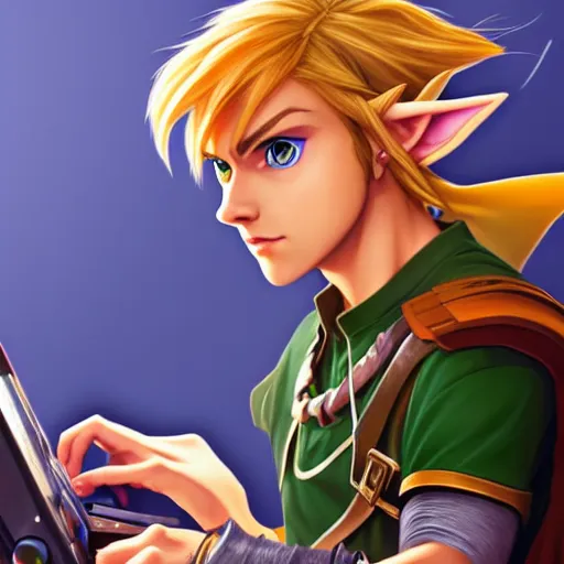 Prompt: link from zelda using computer, sharp focus, illustration, art by artgerm and greg rutkowski and alphonse mucha, 8 k