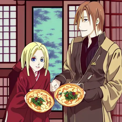 Prompt: edward elric spending time with izumi kurtis at a japanese traditional house in the middle of the forest eating ramen