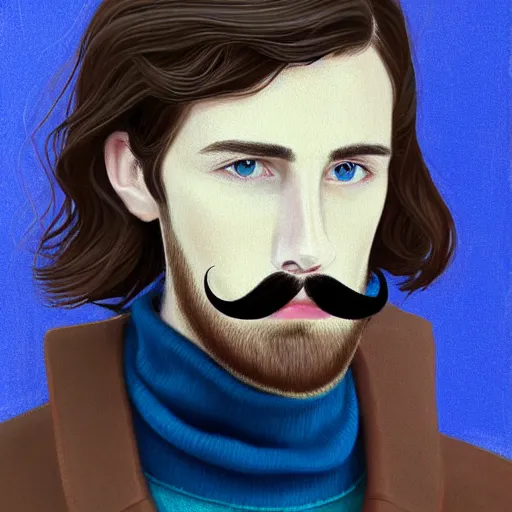 Image similar to gangly man with short dark blond wavy hair, dark blond short beard, very short mustache, English heritage, blue eyes, middle aged, wearing a turtleneck and jacket, pale skin, narrow face, digital art, painterly, cartoon, cute, 8k, illustration, art by loish, painterly, trending on artstation, medium shot, uncropped