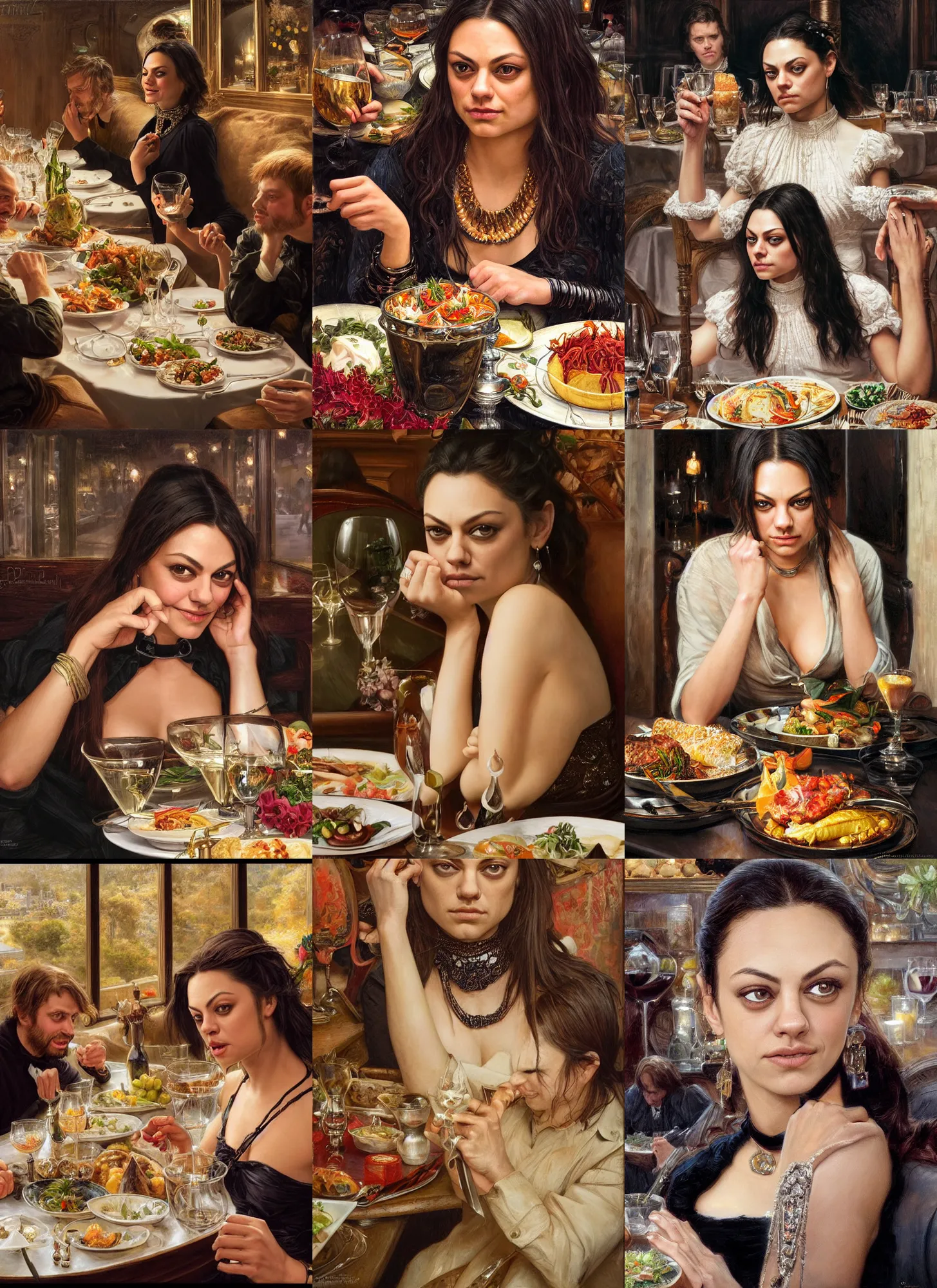 Image similar to dinner with mila kunis laughing sitting across the camera wearing a black choker staring into the camera in an expensive restaurant, point of view, intricate, elegant, tasteful, highly detailed, shallow depth of field, artgerm, donato giancola, joseph christian leyendecker