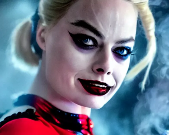 Image similar to Margot Robbie as a harley quinn smoking a cigarette, smoke cloud, cinematic, 4k, hyper realistic, super detailed