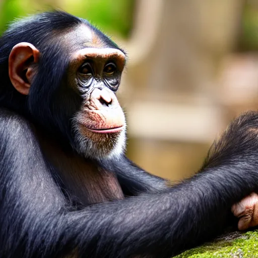 Image similar to chimpanzee looking curiously at a cyborg, hd photograph