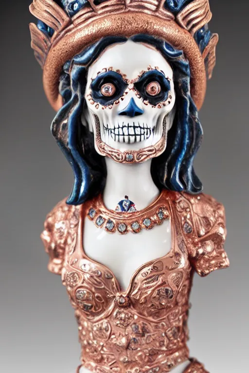 Image similar to an polished texturized sculpture of La Catrina in rose gold and white and blue chinese porcelain by kris kuksi