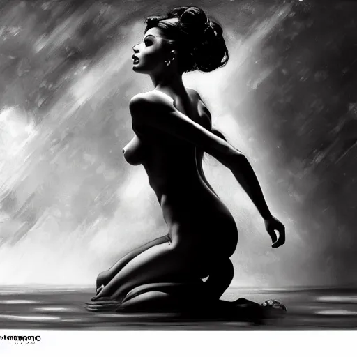 Image similar to black and white image silhouette photo of a very very very beautiful female back | hyperrealistic | lush background | action pose | digital painting | trending on artstation | pinup portrait | clean | illustration | dressed | 8 k resolution | rubenesque | by greg rutkowski alphonse mucha gustav klimt and mel ramos