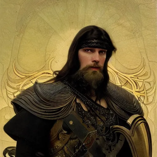 Image similar to pale, beautiful clean-shaven black-haired Viking lord wih sharp features, wearing a gilded black scale armor in the shape of art deco feathers and an arrogant heroic expression, by Greg Rutkowski, Brom, and Alphonse Mucha