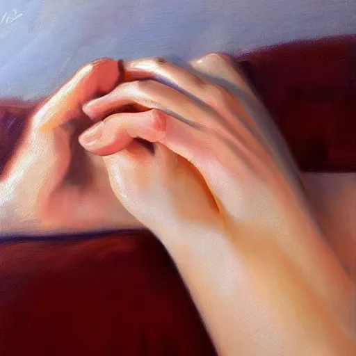 Image similar to a woman's hand, anatomically correct, relaxed pose, morning, highly detailed, ultrarealistic oil painting, vladimir volegov, artstation