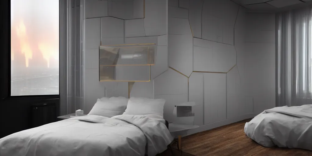 Prompt: closeup to a corner in a futuristic confy white bedroom, with wood and gold details and a huge futuristic single sheet glass window overlooking blade runner 2 0 4 9 city architecture, space x starship rocket launch site, environmental lighting, stormy weather, ray tracing, amazing view, highly detailed, heavy traffic, neon shops, octane render, unreal engine 5, 4 k