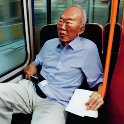 Image similar to candid photo of Lee Kuan Yew squinting disapprovingly at his phone while riding the train