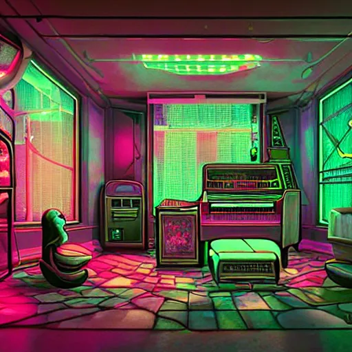 Prompt: discord room dream - 4 7, the experience of chrysalism in a cosy cluttered french sci - fi ( art nouveau ) cyberpunk street in a pastel dreamstate art cinema style. ( terrarium, computer screens, window ( street ), leds, lamp, ( ( ( piano ) ) ) ), ambient light.