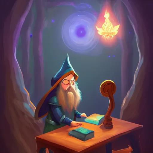 Image similar to a wizard in a magical research workshop with a phoenix perching nearby and looking on curiously, spellbooks and materials on tables, wizard studying magic, soft lighting, digital art trending on artstation