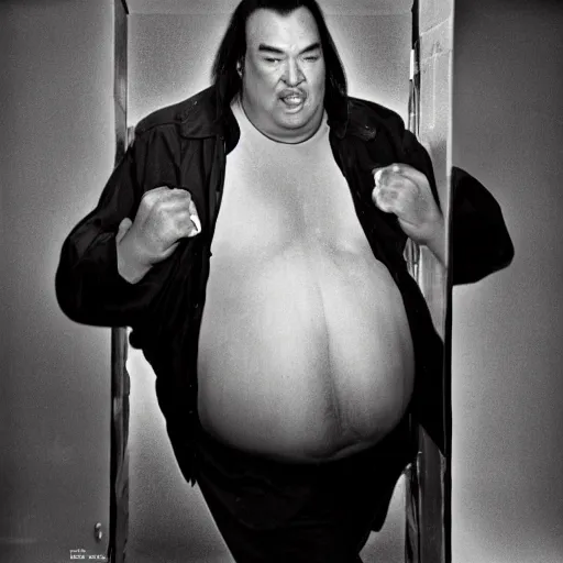 Image similar to fat steven seagal throwing up in a toilet, studio lighting, rolling stone magazine cover, black and white