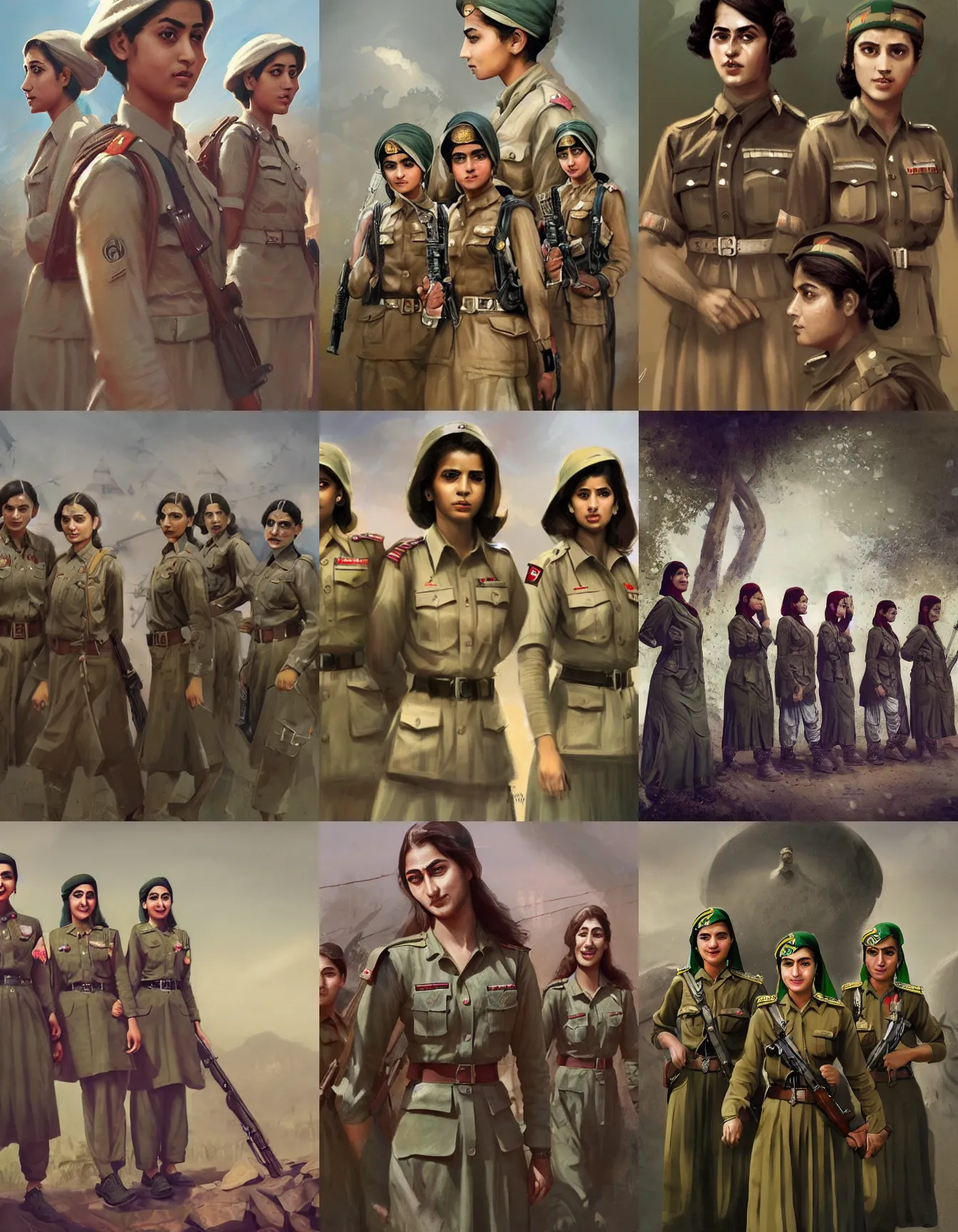 Prompt: a group of young pakistani ww 2 female soldiers, wearing kurtas, strong, muscular, smiling, digital portrait by greg rutkowski, intricate, soft focus, highly detailed, cinematic, epic, artstation