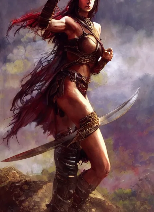Prompt: hyper realistic warrior girl with sword in her hand, full body, rule of thirds, human proportion, good anatomy, beautiful face, conceptart, saturated colors, cinematic, vallejo, frazetta, royo, rowena morrill, cinematic