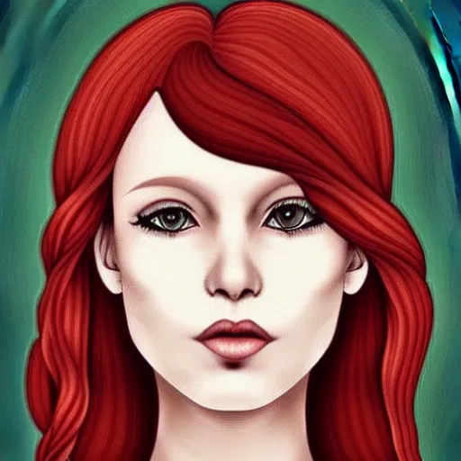 Prompt: Portrait of a beautíful young lady with red hair and green eyes, sharp, detailed, award winning, arstation, pinterest