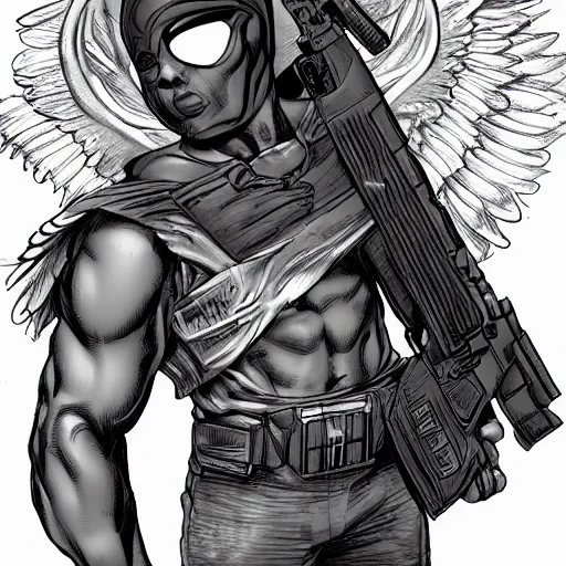 Image similar to A baby Cherub angel, wearing a ski mask, holding an ak47, marvel comics, dark, intricate, highly detailed, smooth, artstation, digital illustration by Mark Bagley and Adam Kubert