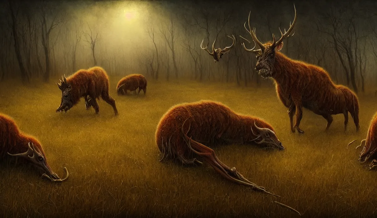 Prompt: epic professional digital art of hungry eyes, ambient golden light, painted, mysterious, cinematic terrifying prairie animals scene, eerie, mythic, detailed, intricate, grand, leesha hannigan, wayne haag, reyna rochin, ignacio fernandez rios, mark ryden, van herpen, artstation, cgsociety, epic, stunning, gorgeous, wow wow detail