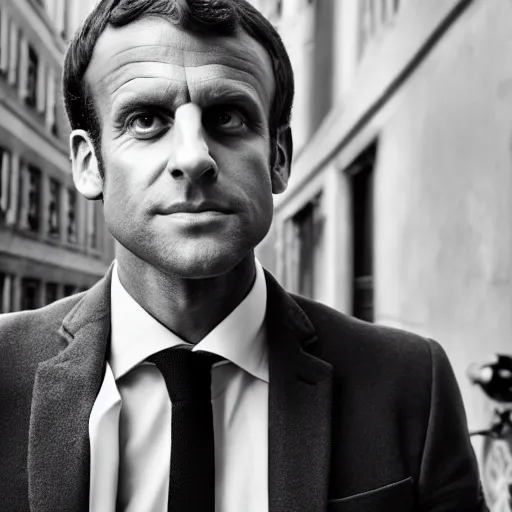 Image similar to closeup portrait of emmanuel macron as a thief in a smoky new york back street, natural light, sharp, detailed face, magazine, press, photo, steve mccurry, david lazar, canon, nikon, focus