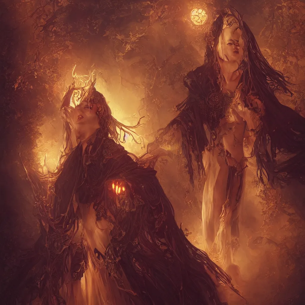 Image similar to Beautiful Evil Necromancer Sorceress, fantasy magic, dramatic lighting, golden hour, close to night, intricate, elegant, sharp focus, illustration, highly detailed, digital painting, concept art, matte, art by WLOP and Artgerm and Greg Rutkowski and Alphonse Mucha, masterpiece