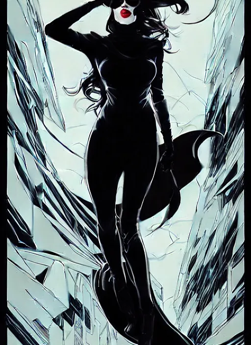 Image similar to Rafael Albuquerque comic art, Joshua Middleton comic art, scary Persian vampiress, modern, chic nyc streetwear, evil smile, symmetrical face, symmetrical eyes, dark clothing, long wavy black hair, full body::8 stormy weather::2 no long neck