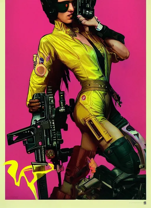 Prompt: beautiful cyberpunk female athlete wearing pink jumpsuit and firing a futuristic yellow belt fed automatic pistol. poster for pistol. cyberpunk ad poster by james gurney, azamat khairov, and alphonso mucha. artstationhq. gorgeous face. painting with vivid color, cell shading. buy now! ( rb 6 s, cyberpunk 2 0 7 7 )