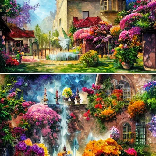 Image similar to flowers and fountains in valley village by arthur adams, charlie bowater, leonid afremov, chiho ashima, karol bak, david bates, tom chambers