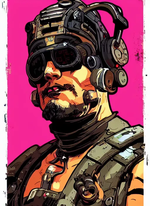 Prompt: vernon. buff cyberpunk mercenary. portrait illustration, pop art, splash painting, art by ashley wood, alphonse mucha, laurie greasley and josan gonzales ( apex legends )