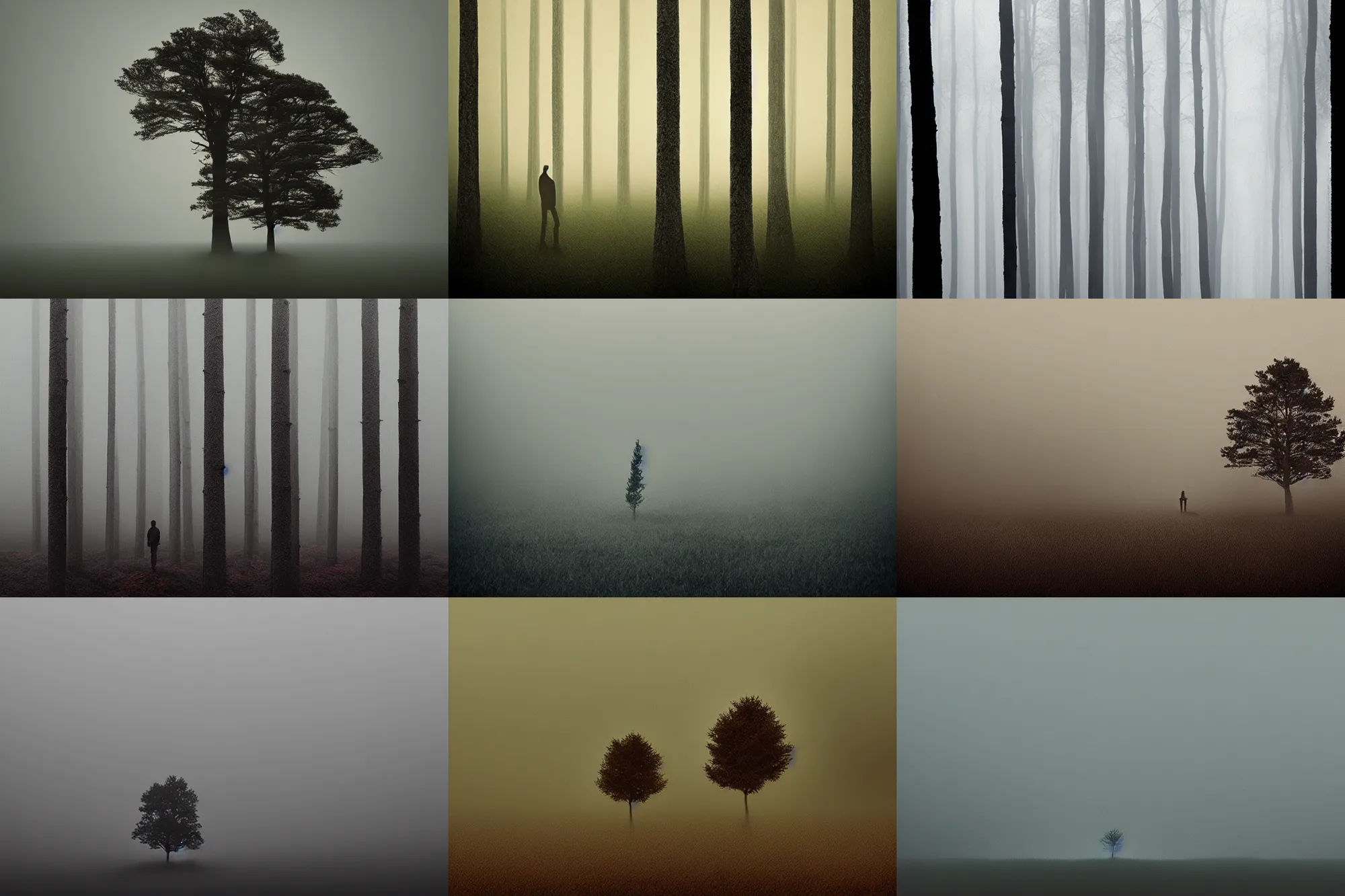 Prompt: editorial illustration by karolis strautniekas and mads berg, very tiny trees, ( ( giant person standing tall above trees ) ), fog, fine texture, detailed, muted colors, dramatic lighting, dynamic composition, vivid, matte print, wide angle, ( ( sunbeams ) ), moody