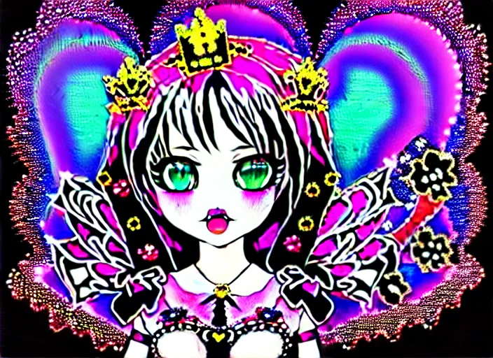 Prompt: baroque bedazzled gothic bedazzled gothic frames surrounding a pixelsort highly detailed portrait of a colorful maximalist maximalism kawaii fairy kei deocra sanrio art of clown pixiv wonderland moe anime girls, a hologram by penny patricia poppycock, pixabay contest winner, holography, irridescent, photoillustration, maximalist vaporwave