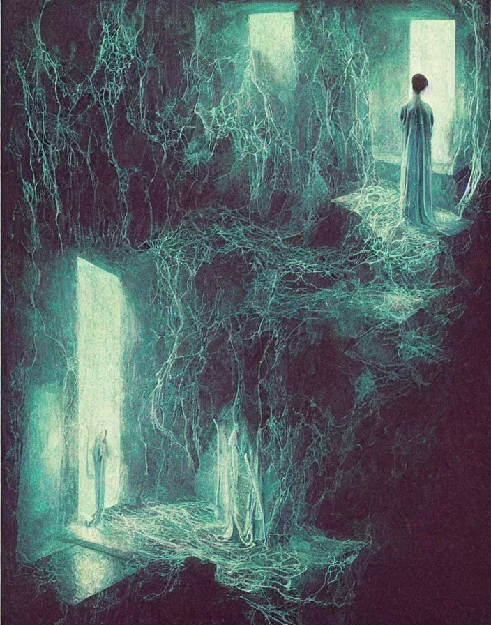 Image similar to interior of a small room, large floating glowing crystal tesseract!!!!!!!!!!!!!!!!!!, beksinski painting, part by adrian ghenie and gerhard richter. art by takato yamamoto. masterpiece, deep colours