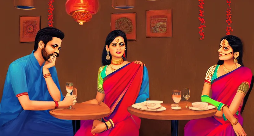 Image similar to a guy and girl on a date in a restaurant, saree, desi, art by salman toor. faithfully depicted facial expression, perfect anatomy, sharp focus, global illumination, radiant light, detailed and intricate environment, trending on artstation