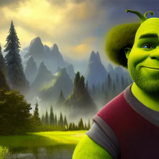 Image similar to Bob Ross is Shrek, hyperdetailed, artstation, cgsociety, 8k