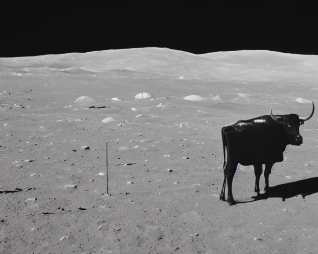 Image similar to a vintage photo of a cow on the moon, earth in distance