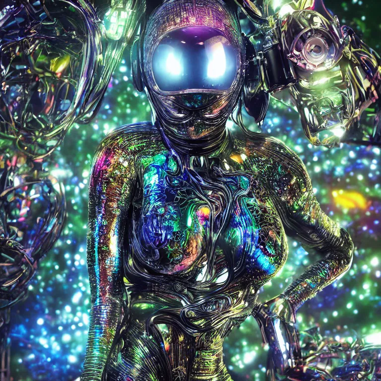 Prompt: octane render by wayne barlow and carlo crivelli and glenn fabry, a woman in a skintight shiny black spacesuit with intricate iridescent metal detailing, covered in bright colorful alien flora and fauna inside a massive cavernous metal dome, cinema 4 d, ray traced lighting, ultra - detailed, volumetric lighting, very short depth of field, bokeh