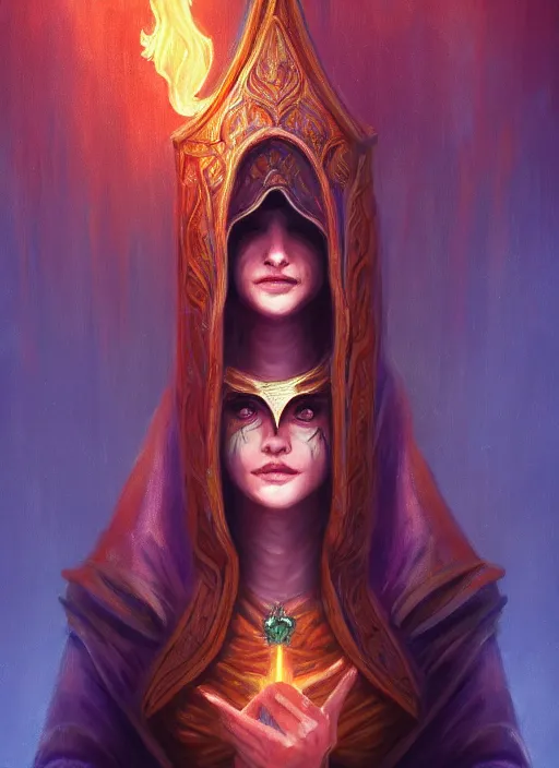 Image similar to ( a priestess with a hood that covers half her face carries an incense burner that emits a pleasantly colored flame. ) by anato finnstark, dream, full body portrait, dynamic lighting, beautiful, trending on artstation, wallpaper, 4 k, award winning, digital art, very detailed faces